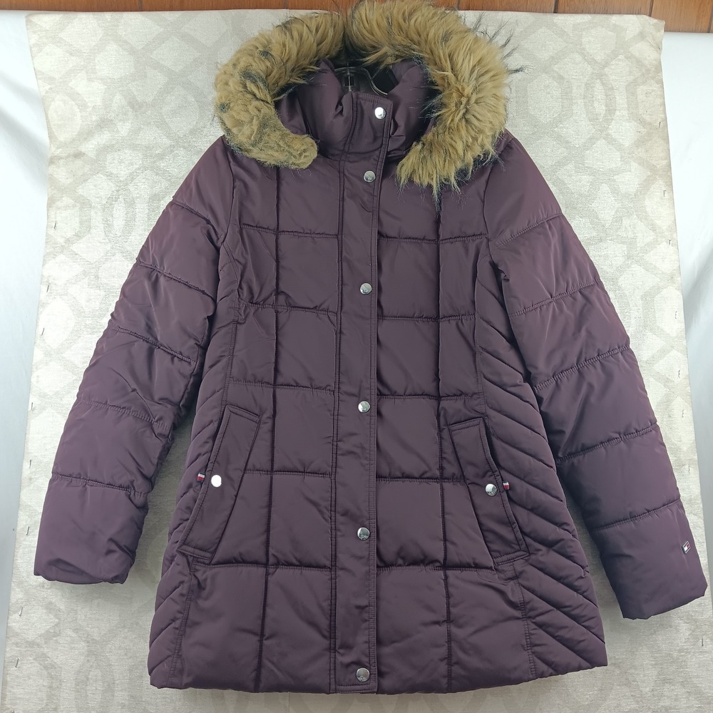 Tommy Hilfiger Puffer Coat Womens Medium M Faux Fur Hooded Quilted Maroon‎